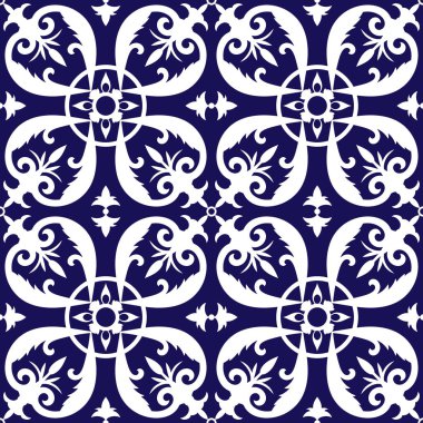 Delft tasarlamak vektör mavi ve beyaz süslemeli döşer. Portekizce azulejo, Meksikalı talavera, Hollandaca, İspanyolca veya İtalyan Mayolikası motifler. Kiremitli arka plan duvar kağıdı veya tasarım döşeme için.