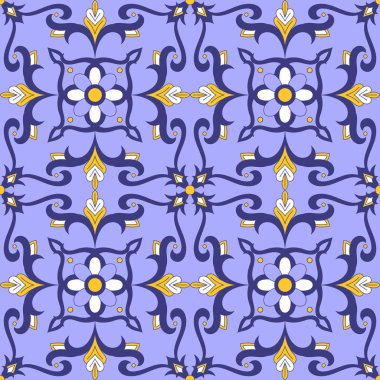 İtalyan kiremit tasarlamak vektör çiçek motifleri ile sorunsuz. Portekizce azulejo, Meksikalı talavera, Fas, İspanyol Mayolikası veya Arapça tasarım. Vintage baskı için masa örtüsü, arka plan veya seramik döşeli.