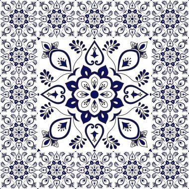 Kış kat döşer. Çiçek desenli vektör seramik doku ile. Büyük çini Merkezi çerçeveli. Portekizce azulejo, Meksikalı talavera, İspanyol, İtalyan Mayolikası, delft Hollandalı motifleri ile arka plan.