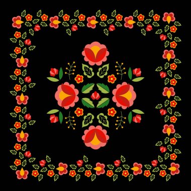 Polonya halk tasarlamak vektör. Çiçek etnik süsleme. Slav Doğu Avrupa Yazdır. Bohem İpek eşarp, boho yastık kılıfı, moda nakış, Çingene iç Tekstil için çerçeve çiçek tasarım kare.