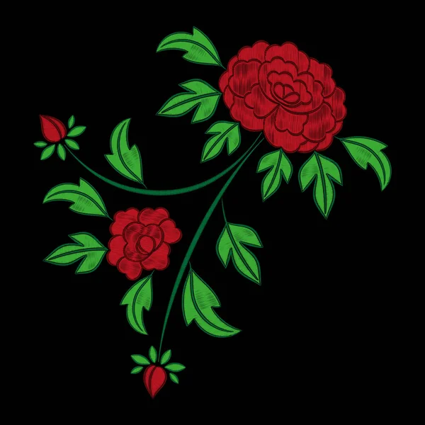 Vintage floral embroidery pattern vector. Red peony mexican flower ornament stitch print isolated on black background. Craft textile patch design for fashion clothing, pillow, tablecloth or napkins. — Stock Vector