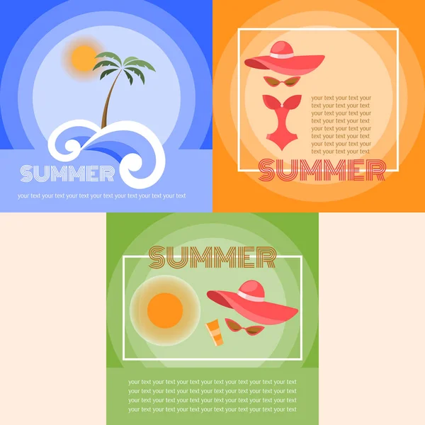 Набір Літніх Туристичних Банерів Флаєрів Пляжними Предметами Векторні Ілюстрації — стоковий вектор