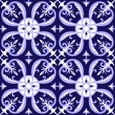 Meksika fayans tasarlamak vektör mavi ve beyaz süslemeli. Portekiz azulejo, talavera, delft Hollandaca, İtalyan Mayolikası veya İspanyol motifleri. Kiremitli kat arka plan seramik veya kumaş tasarımı için.