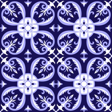 Mexican tiles pattern vector with blue and white ornaments. Portugal azulejo, talavera, delft dutch, italian majolica or spanish motifs. Tiled floor background for ceramic or fabric design. clipart