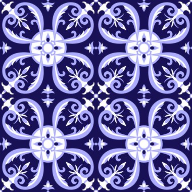 Mexican tiles pattern vector with blue and white ornaments. Portugal azulejo, talavera, delft dutch, italian majolica or spanish motifs. Tiled floor background for ceramic or fabric design. clipart