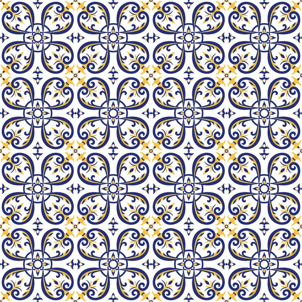 Mexikanskt kakel mönster vektor med blå, gula och vita ornament. Portugisiska azulejos, talavera, italienska Majolika eller spanska motiv. Golv print keramiska vägg-eller duken tyg design. — Stock vektor