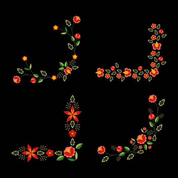 Vetor de padrão popular polonês. Ornamento étnico floral. Impressão eslava da Europa Oriental. Moldura cantos design de flores para fronha boêmia, cartões boho, bordado cigano, toalha de mesa e guardanapo têxtil . —  Vetores de Stock