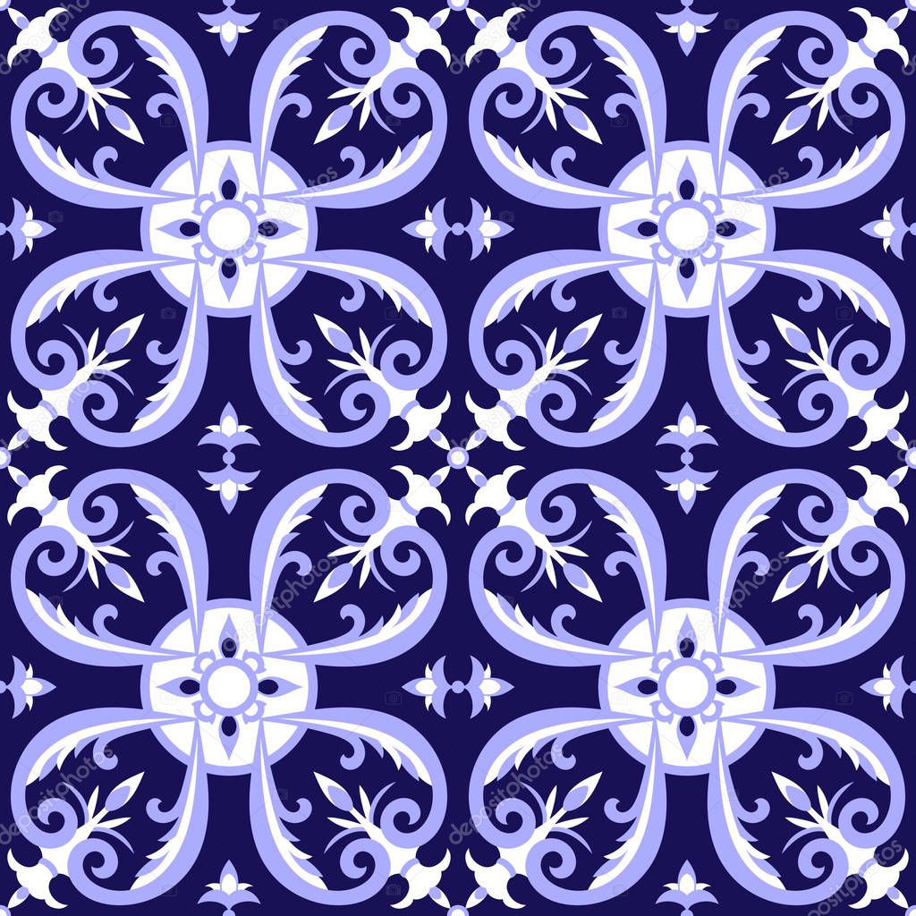 Mexican tiles pattern vector with blue and white ornaments. Portugal azulejo, talavera, delft dutch, italian majolica or spanish motifs. Tiled floor background for ceramic or fabric design.