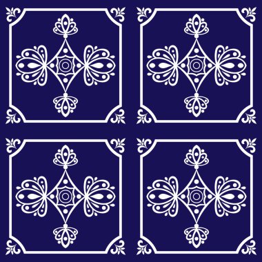 Meksika ya da İspanyol fayans tasarlamak vektör sorunsuz. Mavi beyaz Portekizce azulejo. Döşeme zemin veya duvar tasarım deseni. Arapça, İslam, Fas veya Osmanlı motifleri süsleme.