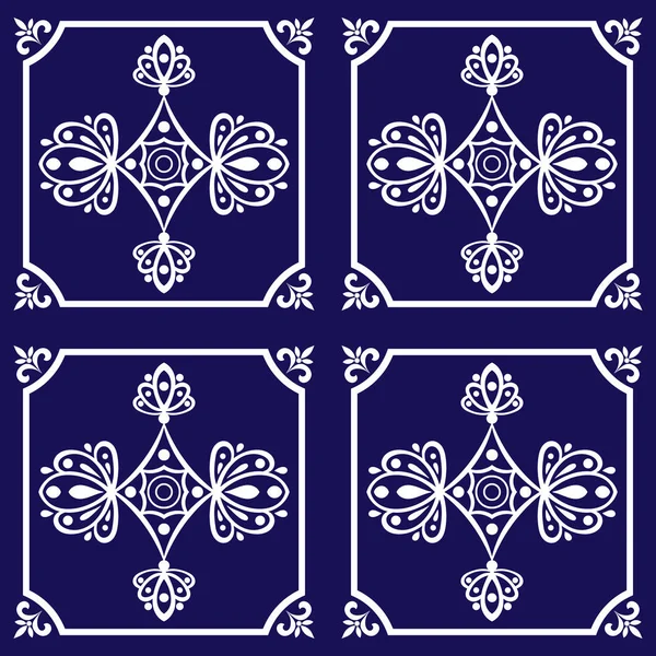 Mexicano o español azulejos patrón vector sin costura. Azulejo portugués blanco azul. Patrón de diseño de piso o pared. Adorno motivos árabes, islámicos, marroquíes u otomanos . — Vector de stock