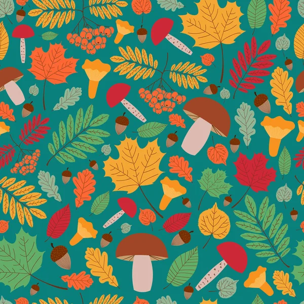 葉、オークス、秋パターン ベクトルをシームレスなナナカマド果実、キノコします。プリント生地のため、子のイラスト、季節のグリーティング カード、バナー、包装紙、表面デザイン. — ストックベクタ