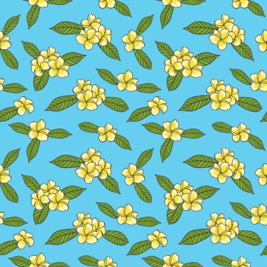 Çiçek desenli vektör yaz sorunsuz. Mavi zemin üzerine sarı frangipani çiçekler. Tropikal kumaş, hawaiian Tekstil, egzotik duvar kağıdı veya kağıt için tasarım.