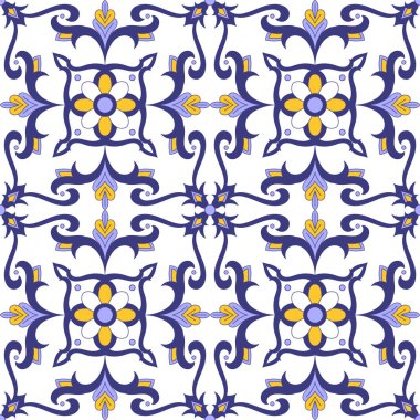 Portekizce tasarlamak vektör çiçek motifleri ile sorunsuz döşeme. İtalyanca, Portekiz azulejo, Meksikalı talavera, Fas, İspanyol Mayolikası tasarım. Mağribi baskı için masa örtüsü, arka plan veya seramik döşeli.