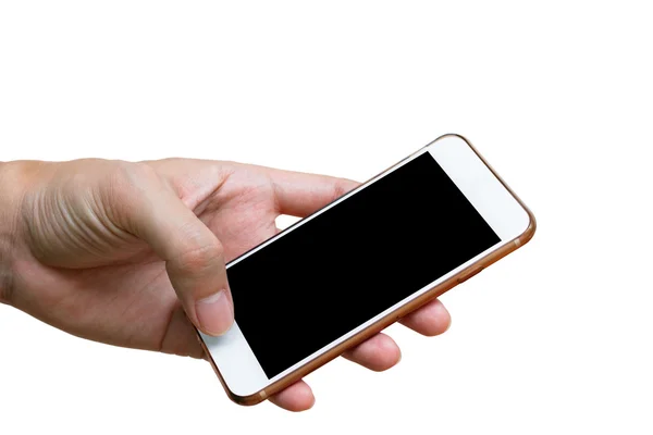 Human hand holding white phone on black screen isolated with cli — Stock Photo, Image