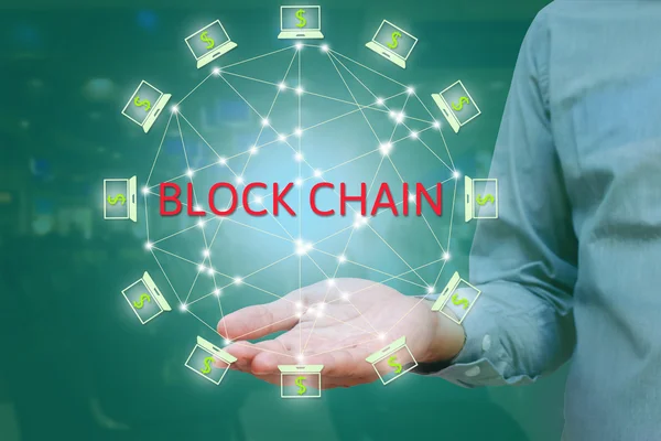 Blockchain hálózati fogalom kettős expozíció ellen. üzletember — Stock Fotó