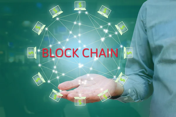 Red Blockchain contra el concepto de doble exposición. hombre de negocios — Foto de Stock