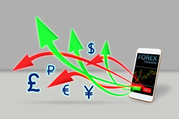 Forex trading concept. arrow buy and sell out of mobile phone.