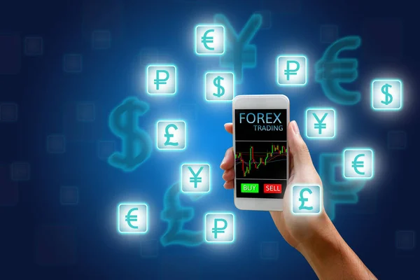 Forex concept, beurs, vrouw met slimme telefoon en i — Stockfoto