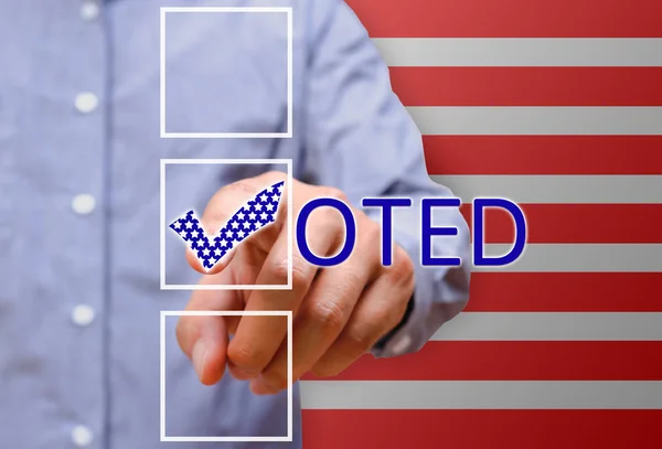 Man pointing tick mark, voting symbols ,presidential election — Stock Photo, Image