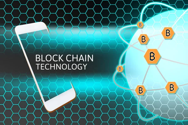 Blockchain 개념으로 스마트폰입니다. Bitcoin 네트워킹 보호 및 벌집 배경 — 스톡 사진