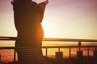 Dağ Manzaralı ve sisli arka plan ile duran hamile kadın.