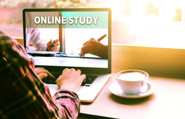 Arka ve omuz görünümü laptop ile online'ı kullanan öğrenci öğrenmek