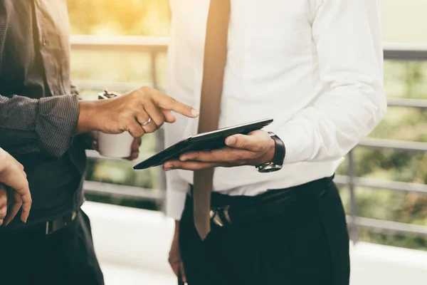 Two business man discussion togetherness about summary chart rep — Stock Photo, Image