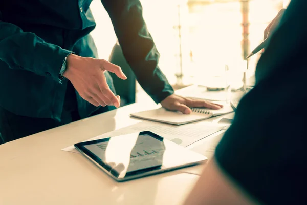 Manager pointing data in tablet and employee consulting about bu — Stock Photo, Image