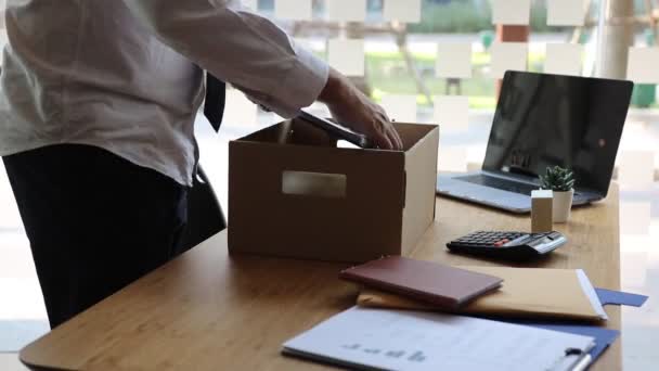 Young Male Employee Standing Work Table Putting His Stuff Carton — 비디오