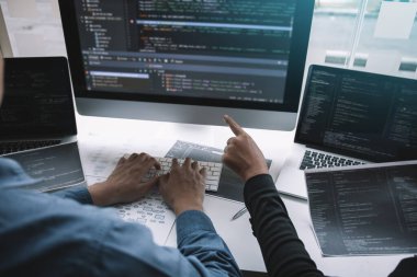 Ofis odasında bir yazılım üzerinde çalışan profesyonel geliştirme programcısı toplantı programlama web sitesinde işbirliği yapıyor.