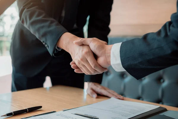 Department Heads Manager Shaking Hands Accept New Employee Office Room — Stock Photo, Image