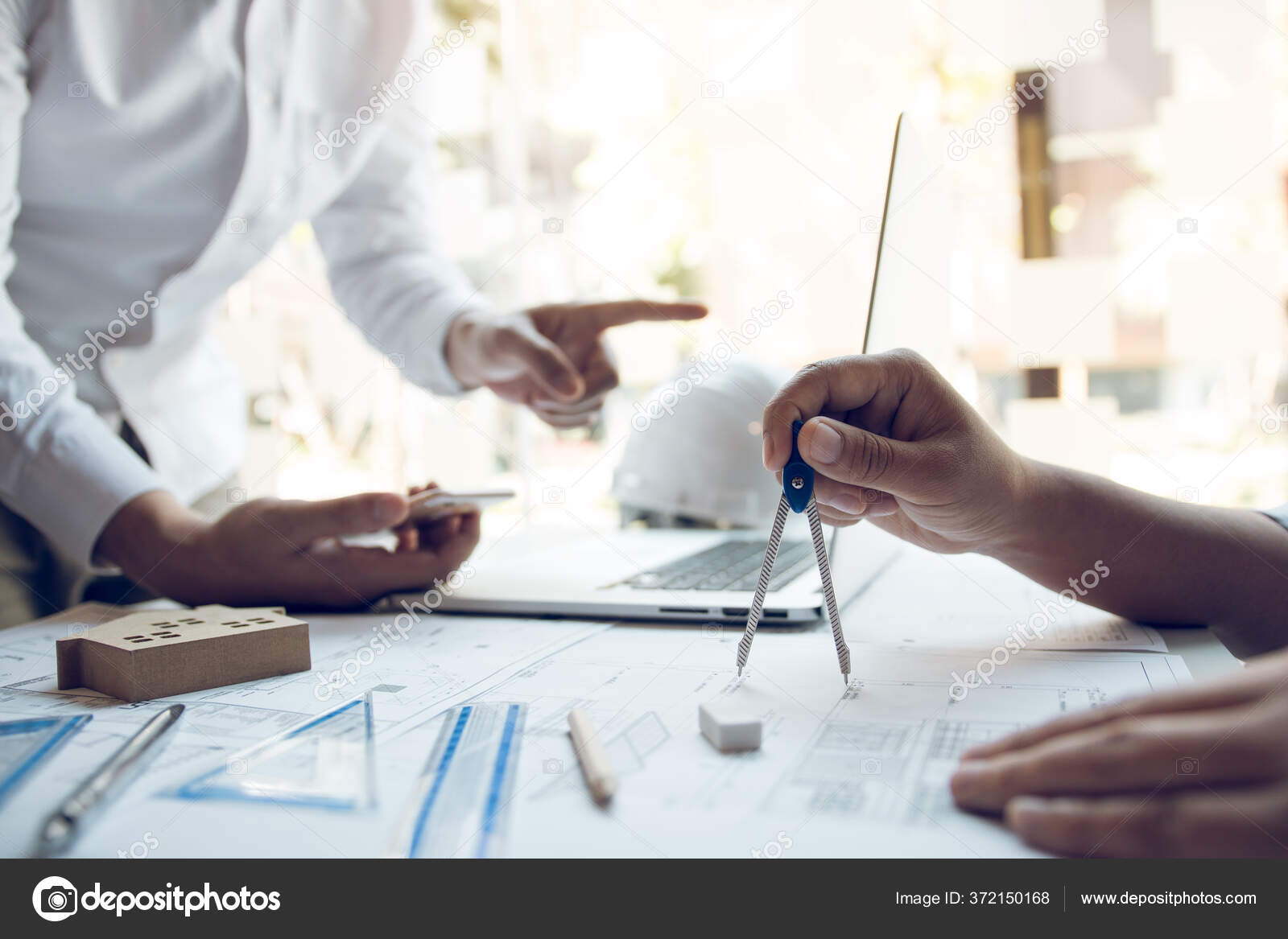 Engineers Helping Design Work Blueprints Collaborate Structural ...