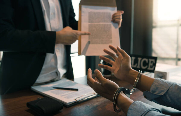 Полицейский указал на документ, требующий ареста обвиняемого и в наручниках
.