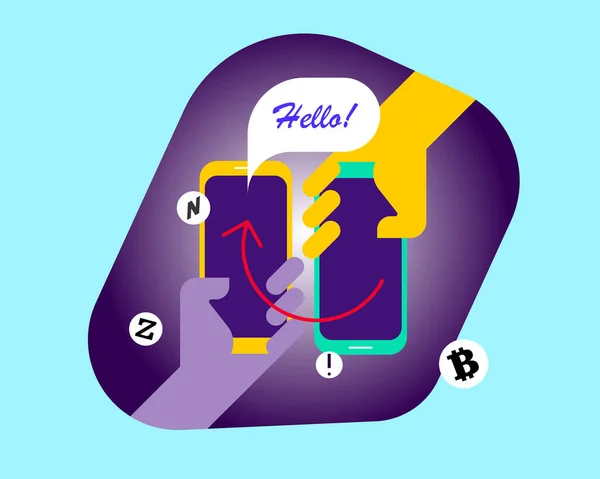 Mavi bir arkaplanda iki elin cep telefonlarıyla bilgi alışverişinde bulunduğu mor bir pencere var..