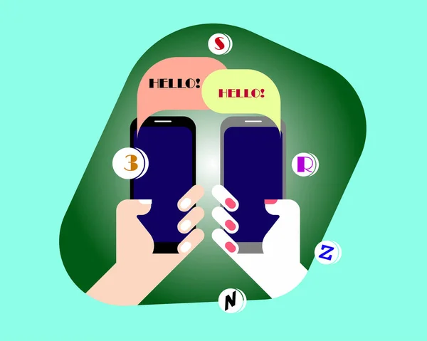 Turkuaz arka planda ellerinde iki cep telefonu var. Cep telefonları mesajlaşıyor.