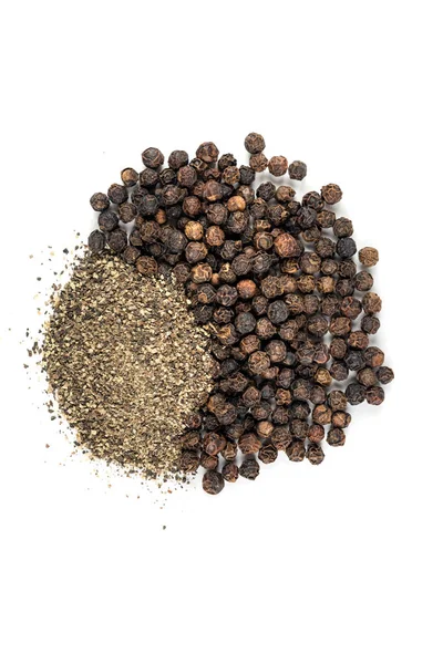 Black peppercorns and ground pepper — Stock Photo, Image
