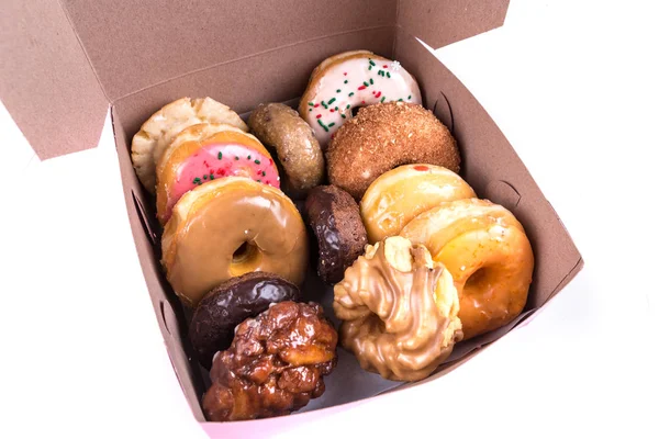 An assorted dozen donuts in a box — Stock Photo, Image