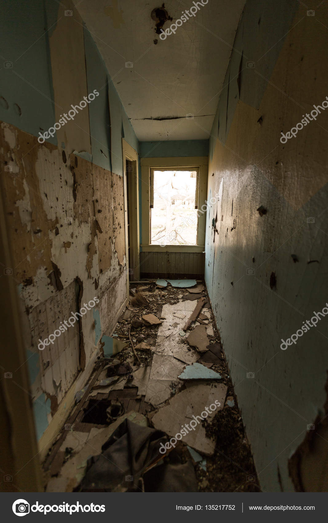 trashed house hallway stock