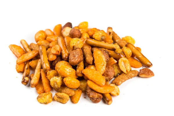 Pile Spiced Crunch Snack Mix Isolated White Background — Stock Photo, Image