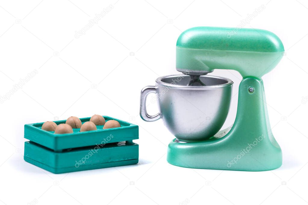 Childs toy plastic food molded 1/6th scale stand mixer and eggs, cooking implements