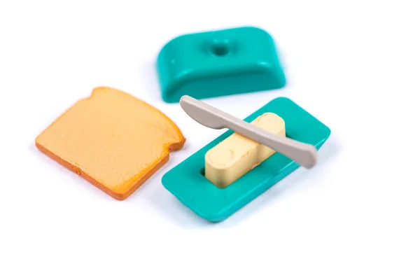 Kinder Spielzeug Kunststoffnahrung Geformt Maßstab Toast Butterdose Und Messer — Stockfoto