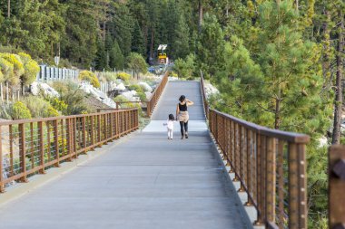 Tahoe Gölü 'nün yakınındaki yürüyüş parkurundaki insanlar.