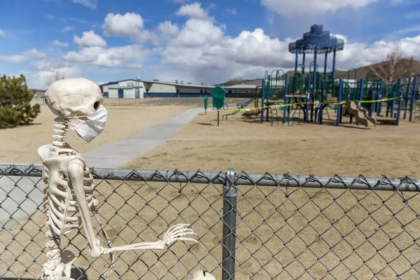 Esqueleto Atrás Cerca Olhando Para Parque Fechado Vazio Bom Dia — Fotografia de Stock