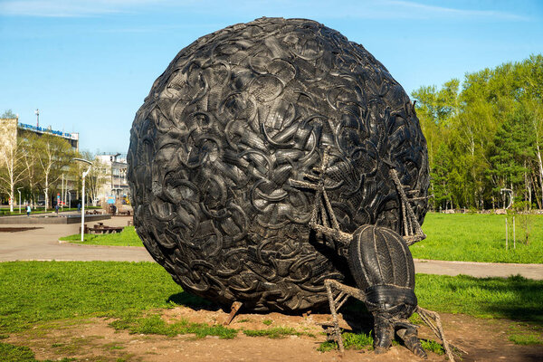 Art object Dung-beetle made of old tyres in Perm city, Russia