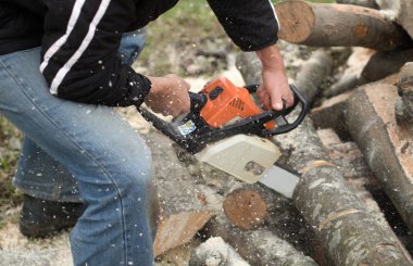 Kış hazırlığı. Holding adam oduncu chainsaw ve ahşap ile kesme motorlu. Yakacak odun sağlanması için kış.