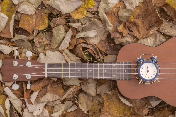 Retro-Alarm auf der Ukulele-Gitarre im Hintergrund der Herbstblätter. Zeit — Stockfoto