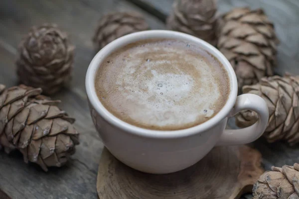 Kaffe med pinjenötter ceder vegan grymhet gratis mjölk på backg Royaltyfria Stockfoton