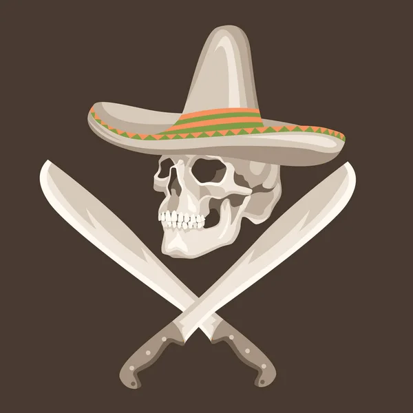Teschio messicano in sombrero stilizzato illustrazione vettoriale piatto — Vettoriale Stock