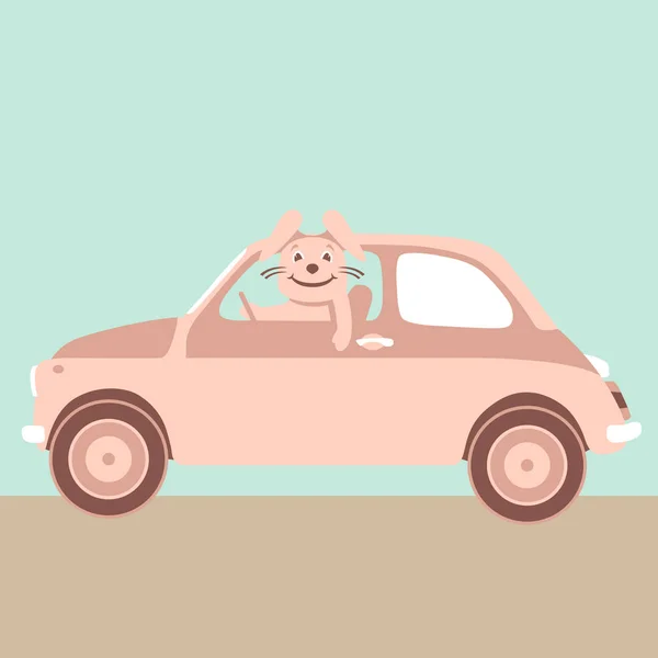 Conejo rosa en el coche vector ilustración perfil de estilo plano — Vector de stock