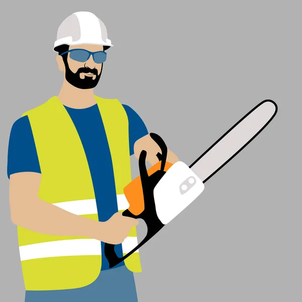 Chainsaw werknemer vector illustratie vlakke stijl voorzijde — Stockvector